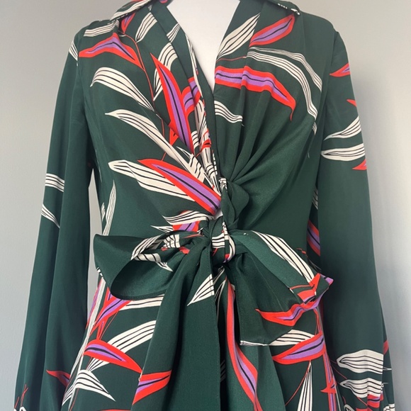 $468 DIANE VON FURSTENBERG QUINCY HUNTER PALM LEAVES SILK WRAP EFFECT MIDI DRESS - Picture 9 of 16